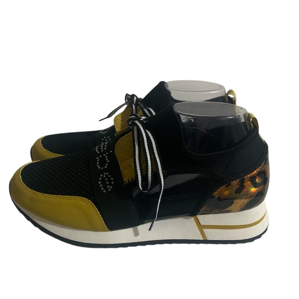 Bebe Black/Yellow Sneakers with Leopard Print Women 8.5